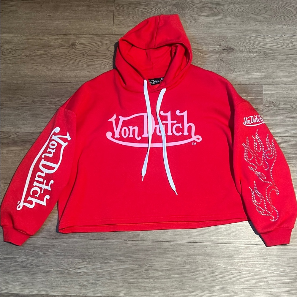 Von Dutch Red Crop Top Hoodie with White Accents